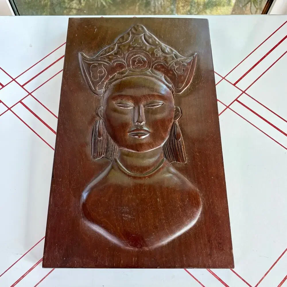 Vintage Haitian Hand Carved Wood Wall Plaque Featuring Zen Buddha Style Woman